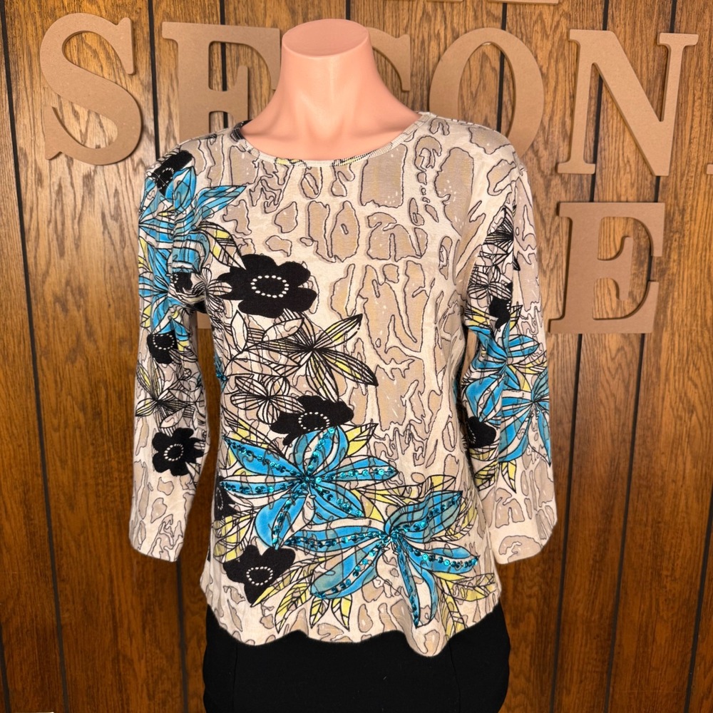 Jane Ashley Floral Animal‎ Print Top Women S Beige Blue Sequin Y2K Grunge Boho